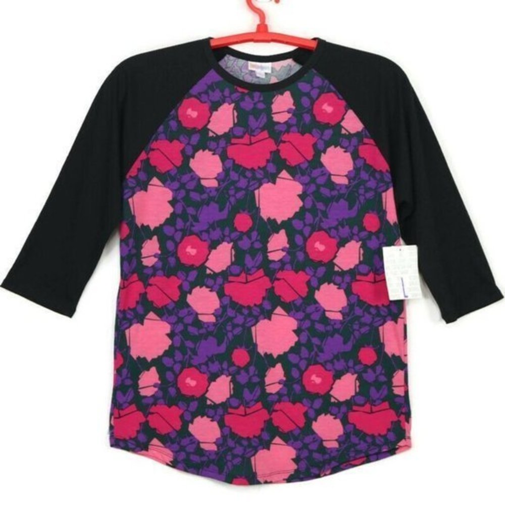 LuLaRoe Randy Baseball Shirt T-Shirt Black Pink Purple Floral L Large